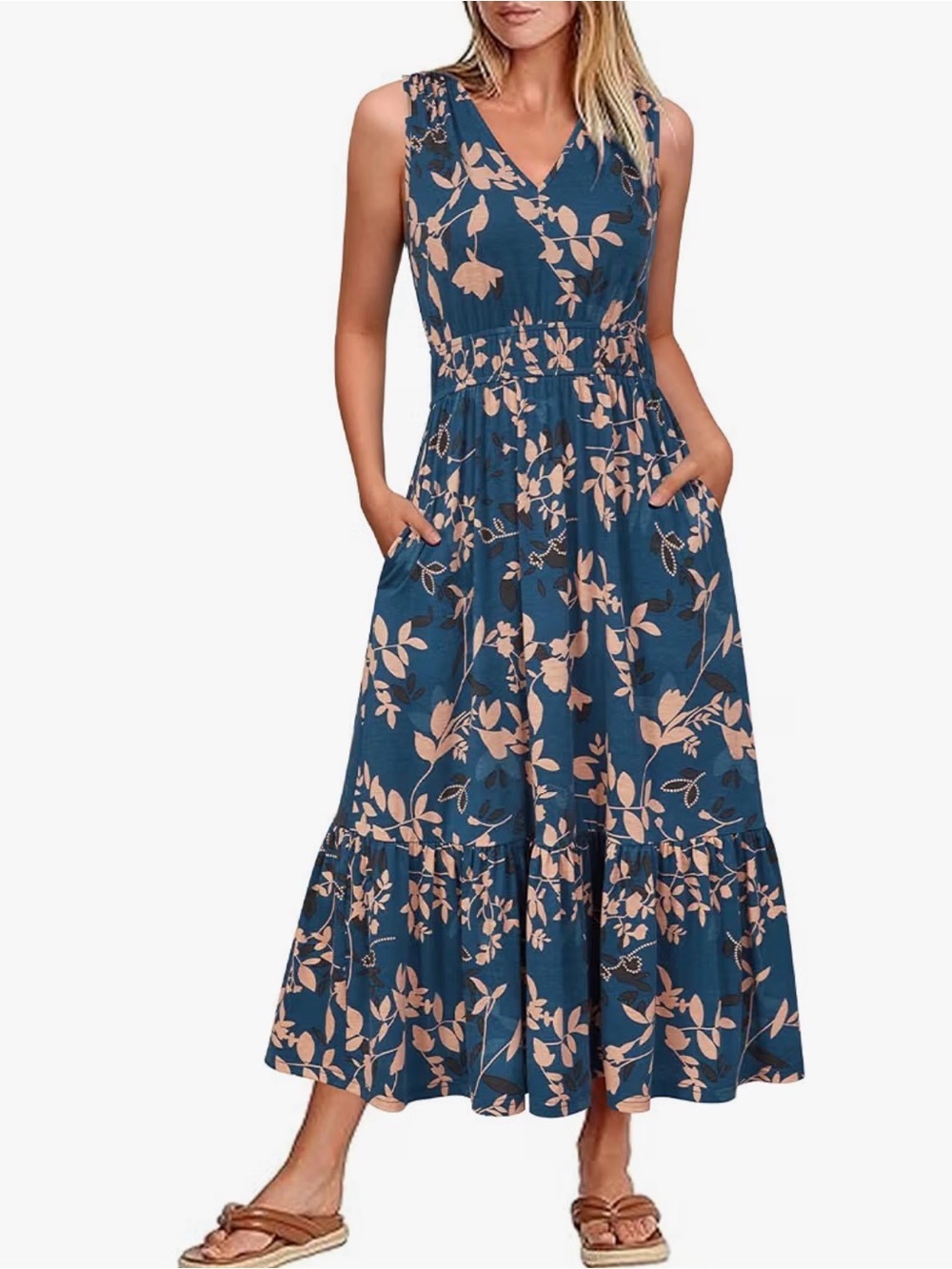 💙Sleeveless Blue Floral V-Neck midi Dress with pockets. Chic & comfortable!